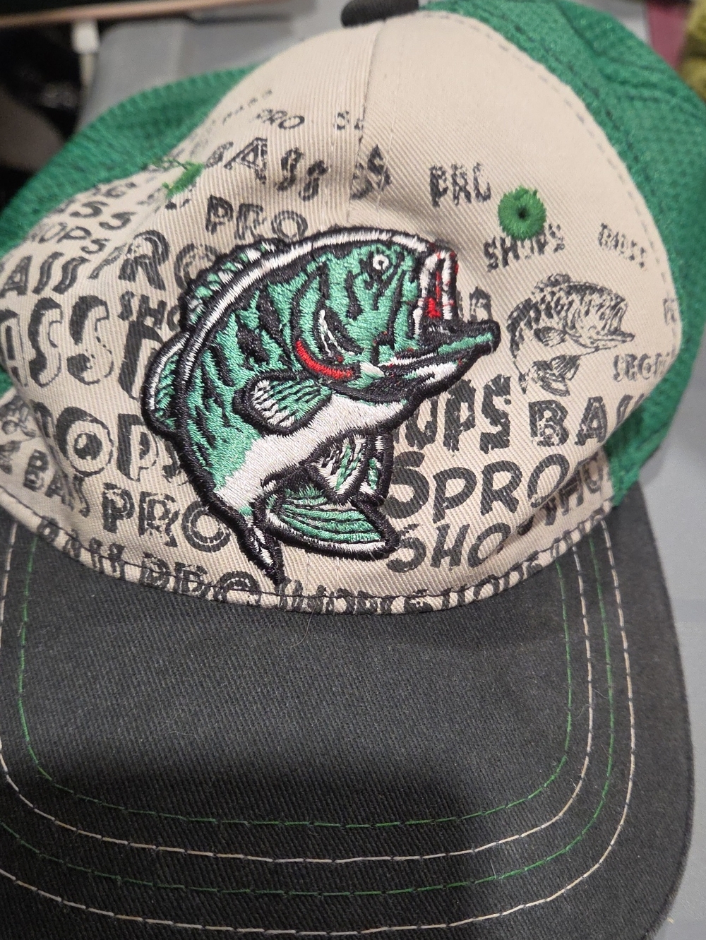 Bass Pro Shops Green and Cream Embroidered Bass Trucker Hat
